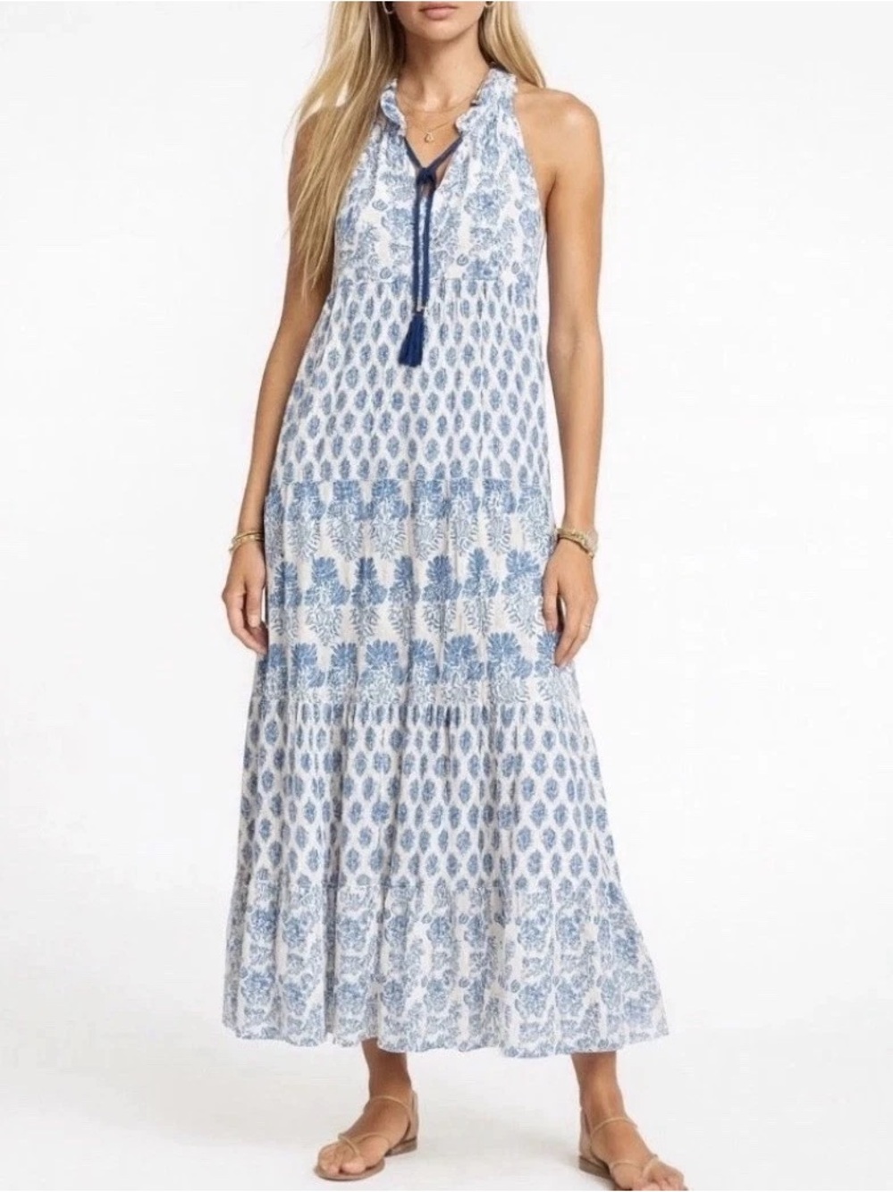 NWOT Calypso 100% cotton blue white greece italy floral tiered maxi dress sz XS